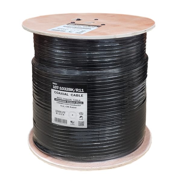 RG11 Standard Shield, 14AWG Solid Conductor, 60% Braid CL2, CM, PVC Jacket., 1000’ Wooden Spool,Black