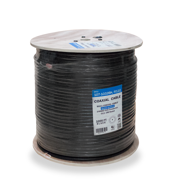 RG11 Quad Shield, 14AWG Solid CCS Conductor, Aluminum Foil with 60% Braid, CL2, CM, PVC Jacket.