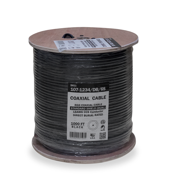 RG6, Direct Burial, Standard Shield, 75 OHM, 18AWG CCS Conductor, Aluminum Foil Shield & 60% Aluminum Braid, High-Grade CMX, CATV, CL2, 1000ft, Wood Spool, Black