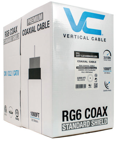 RG6, Standard Shield, 75 OHM, 18AWG CCS Conductor, Aluminum Foil Shield & 60% Aluminum Braid, High-Grade CM, CATV, CL2, 1000ft, Pull Box, Black