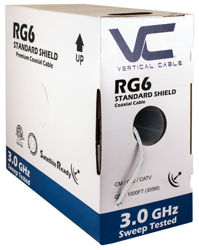 RG6, Standard Shield, 75 OHM, 18AWG CCS Conductor, Aluminum Foil Shield & 60% Aluminum Braid, High-Grade CM, CATV, CL2, 1000ft, Pull Box, White