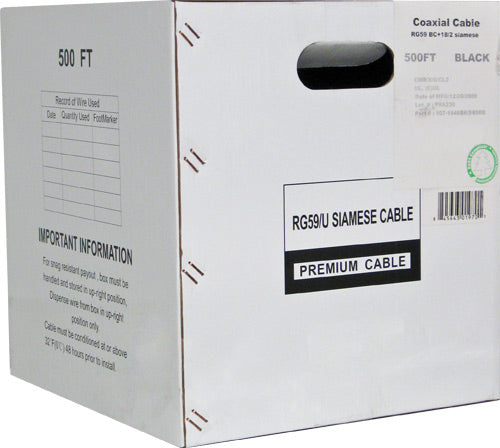 RG59 Siamese, 500ft, 95% Bare Copper Braid 20 AWGBare Copper, 18AWG Power Cable, Reel in the Box,  Black