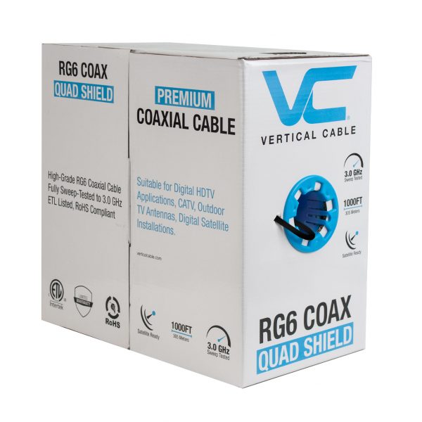 RG6, Quad Shield, 75 OHM, 18AWG CCS Conductor, Aluminum Foil Shield & 60% & 40% Aluminum Braid, High-Grade CM, CATV, CL2, 1000ft, Pull Box, Blac