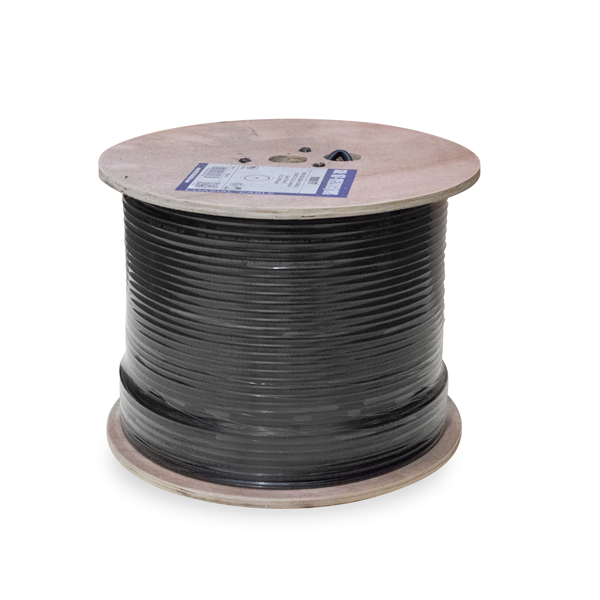 RG6, Quad Shield, 75 OHM, 18AWG CCS Conductor, Aluminum Foil Shield & 60% & 40% Aluminum Braid, High-Grade CM, CATV, CL2, 1000ft, Wood Spool, Black