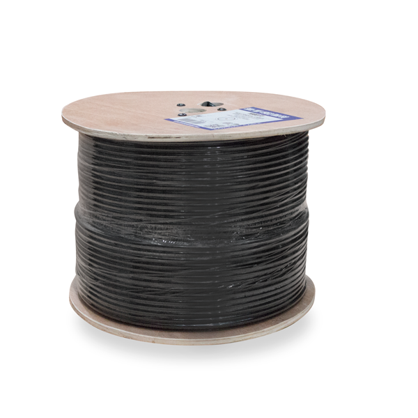 RG6, Direct Burial, Quad Shield, 75 OHM, 18AWG CCS Conductor, Aluminum Foil Shield & 60% & 40% Aluminum Braid, High-Grade CMX, CATV, CL2, 1000ft, Wood Spool, Black