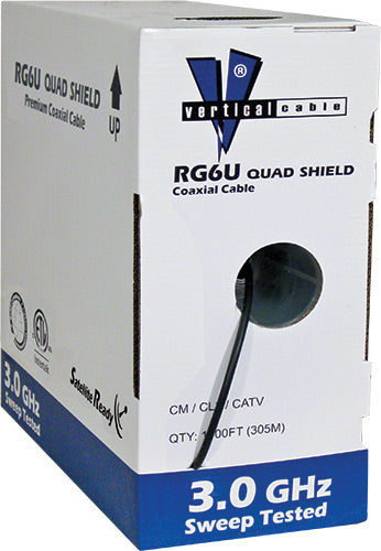 RG6, Quad Shield,  75% OMH, 18AWG Solid Bare Copper Conductor, Aluminun Foil Shield, Aluminum Braid 60%/40% Coverage, High-Grade CM, CATV, CL2, 1000ft, Pull Box, Black