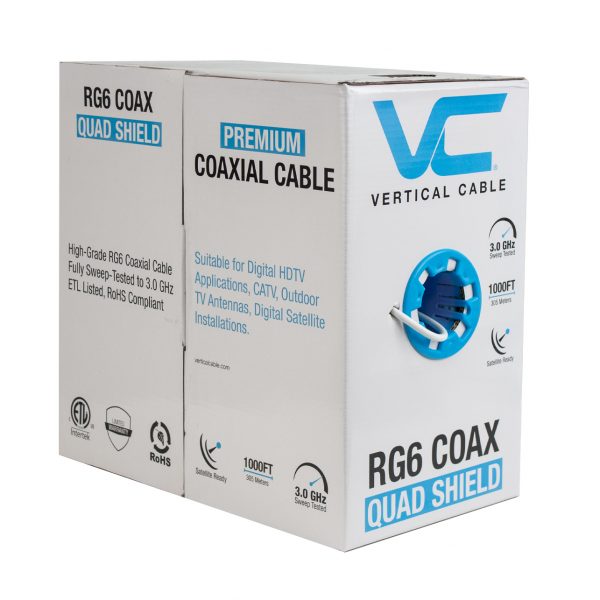 RG6, Quad Shield, 75 OHM, 18AWG CCS Conductor, Aluminum Foil Shield & 60% & 40% Aluminum Braid, High-Grade CM, CATV, CL2, 1000ft, Pull Box, White