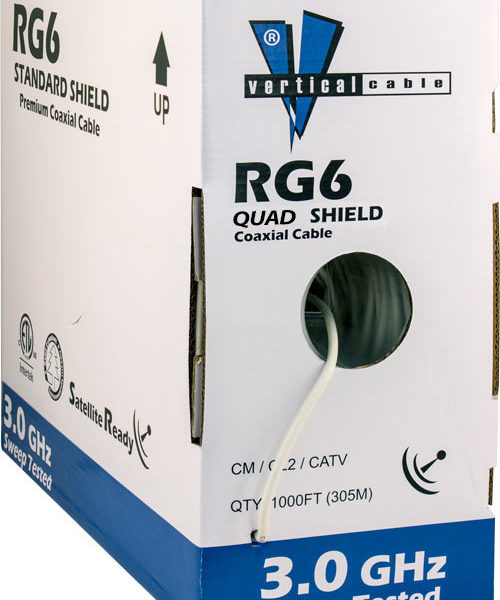 RG6, Quad Shield, 75OHM, 18AWG Solid Bare Copper Conductor, Aluminum Foil Shield, Aluminum Braid 60%/40% Coverage, High-Grade CM, CATV, CL2, 500ft Pull Box, White