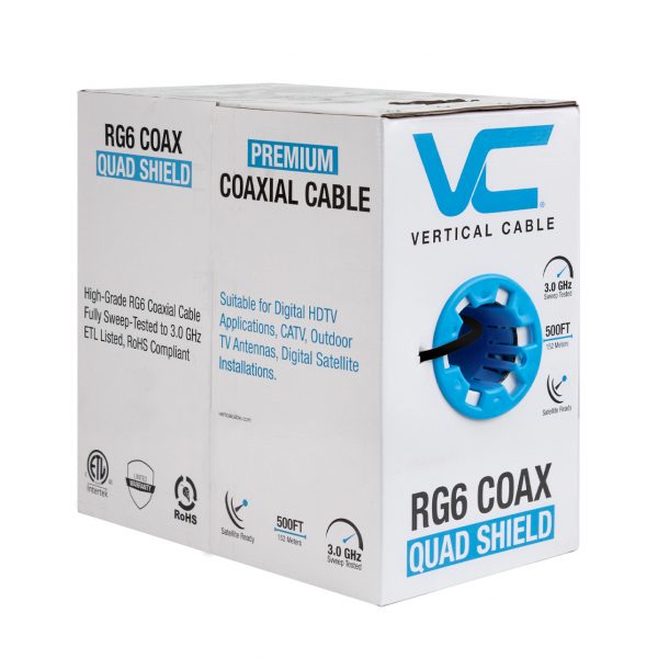 RG6, Quad Shield, 75 OHM, 18AWG CCS Conductor, Aluminum Foil Shield & 60% & 40% Aluminum Braid, High-Grade CM, CATV, CL2, 500ft, Pull Box, Black