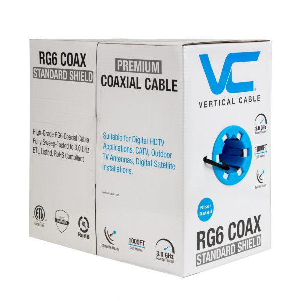 RG6, Standard Shield, 75 OHM, 18AWG CCS Conductor, Aluminum Foil Shield & 60% Aluminum Braid, High-Grade CMR, CATV, CL2, 1000ft, Pull Box, Black