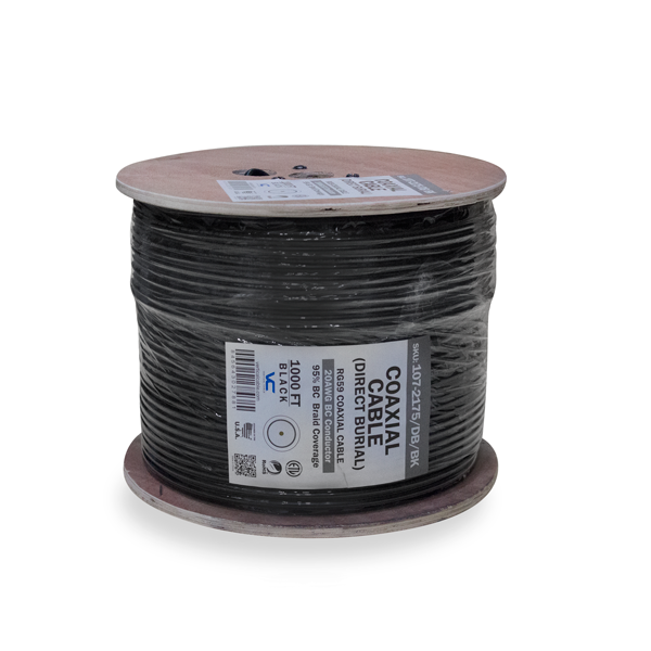 RG59 Coax, Direct Burial, 20 AWG, 95% BC Braid, 3.0 GHz,1000, Wooden Spool, Black