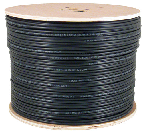 RG59 Siamese Direct Burial, 20AWG Bare Copper Conductor with 95% Copper Clad Aluminum Braid, 18AWG Conductors, CL2, CM, Polythylene Jacket., Black, 1000ft, Spool