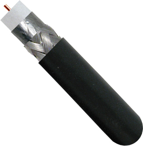 RG6 Standard Shield, CCS Conductor, Dual Shield: Aluminum Foil, 60% Aluminum Braid, 18AWG, 75OHM, 1000 ft Pull Box, Black