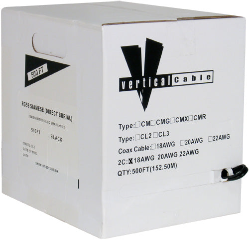 RG59 Siamese + 18AWG Power Cables, CCS Conductor, Shield: 85% CCA Braid, 20AWG, 500ft, Pull Box, White