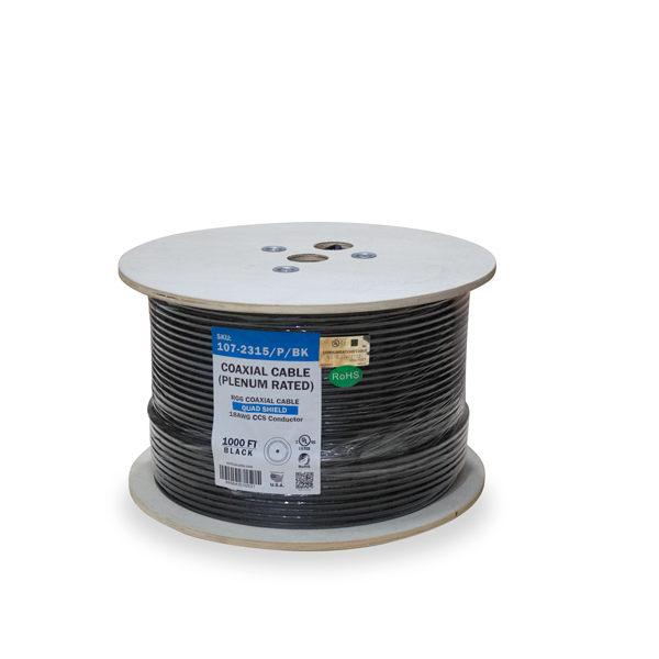 RG6, Plenum, 18AWG Copper Clad Steel (CCS) Center Conductor, Quad shield foil + 60% + foil + 40% Alum Braid, CMP, CATV, 1000ft W