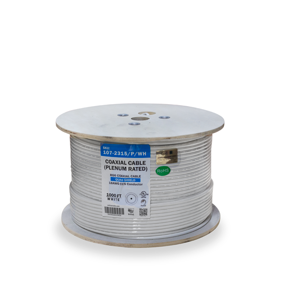 RG6, Plenum, 18AWG Copper Clad Steel (CCS) Center Conductor, Quad shield foil + 60% + foil + 40% Alum Braid, CMP, CATV, 1000ft Wooden Spool