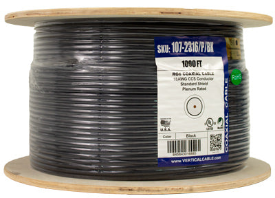 RG6, Plenum, 18AWG CCS Conductor, Standard Shield, Aluminum Foil (Bonded), Aluminum Braid 60% Coverage, High-Grade, CMP Rated, 1000ft Wooden Spool