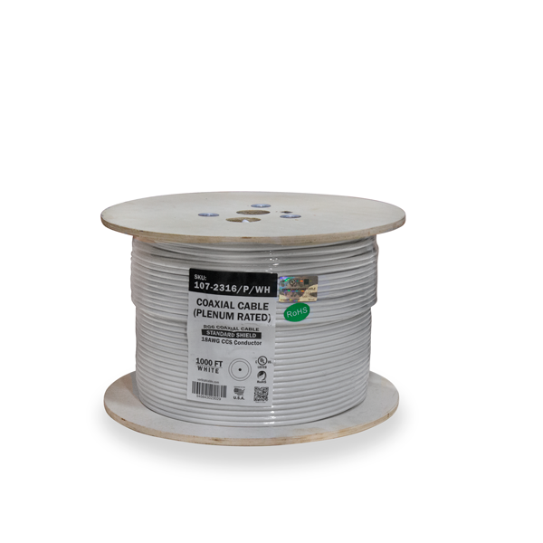 RG6, Plenum, 18AWG CCS Conductor, Standard Shield, Aluminum Foil (Bonded), Aluminum Braid 60% Coverage, High-Grade, CMP Rated, 1000ft Wooden Spool