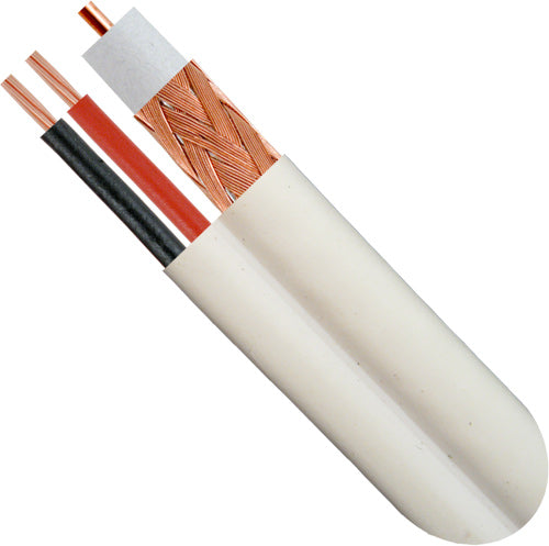 RG59 Siamese Coaxial Cable, Plenum, Bare Copper Conductor, 95% CCA Braid, with 18/2 power cable, White, 1000ft Spool