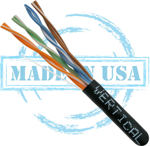 CAT6, Plenum, MADE IN USA, 23AWG, UTP, 4 Pair, Solid Bare Copper, 550MHz, 1000ft Pull Box, Black
