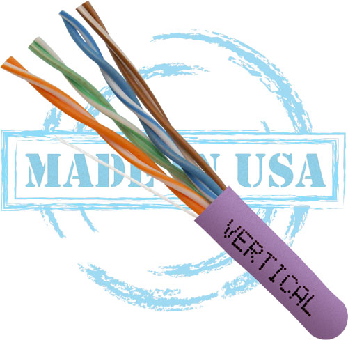 CAT6, Plenum, MADE IN USA, 23AWG, UTP, 4 Pair, Solid Bare Copper, 550MHz, 1000ft Pull Box, Purple