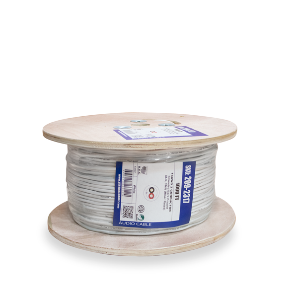 Audio Cable,  PVC Jacket, 16AWG, 2 Conductor, Stranded (65 Strand), 1000ft, Spool, White