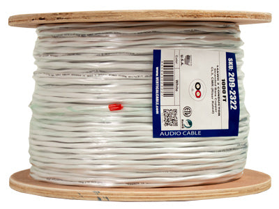 Audio Cable, 14AWG, 2 Conductor, Stranded (41 Strand), 1000′, PVC Jacket, Wooden Spool, White