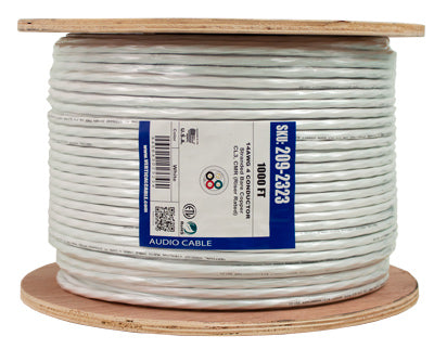 Audio Cable, 14AWG, 4 Conductor, Stranded (41 Strand), 1000′, PVC Jacket, Wooden Spool, White