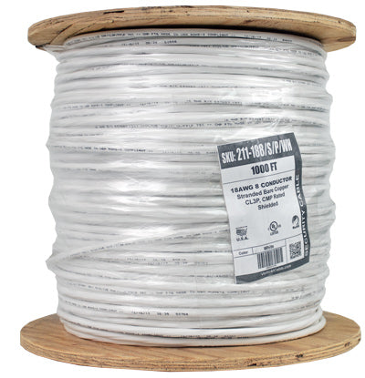 18/8 CL3P, CMP Plenum Rated, Shielded, Stranded, Bare Copper Conductors, White, 1000ft, Spool Made in USA