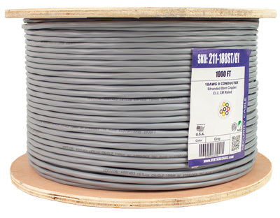 Alarm-Security Cable, Unshielded, 18AWG, 8 Conductor Stranded, 1000Ft Wooden Spool, Gray