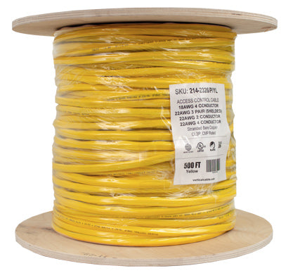 ACCESS CONTROL CABLE Plenum: 22AWG/3Pair Shielded + 18AWG/4Conductor + 22AWG/4Conductor + 22AWG/2Conductor, Stranded Bare Copper Conductors, Yellow, 500ft Spool – MADE IN THE USA