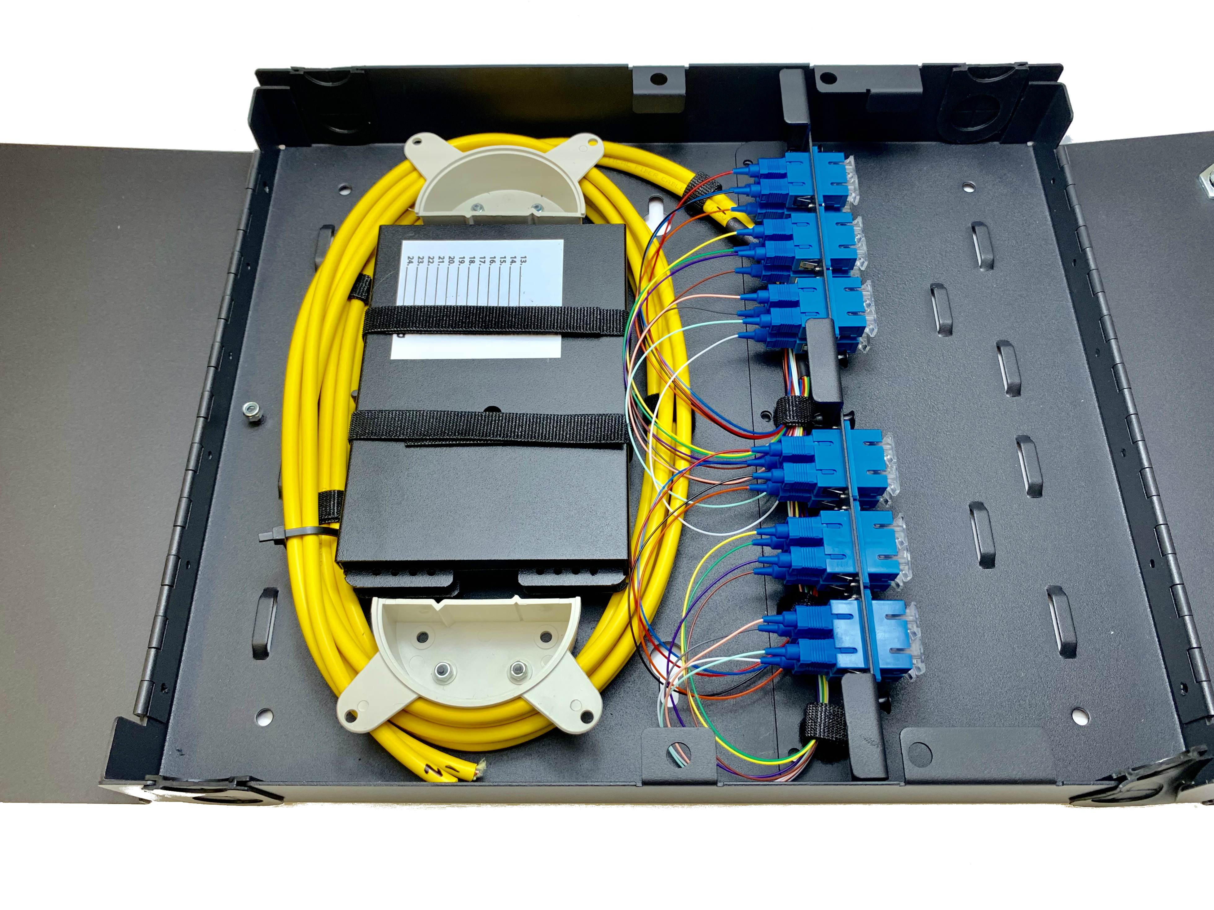 24 Port WM2 Wall Mount Fiber Enclosure Pre-Loaded with Pigtails and Splice Trays