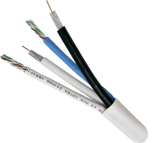 Bundled Cable, 2 x RG6U (CCS) Quad Shield with 2 x CAT6, 23AWG, UTP, Solid, PVC Jacket, 500ft, Spool, White