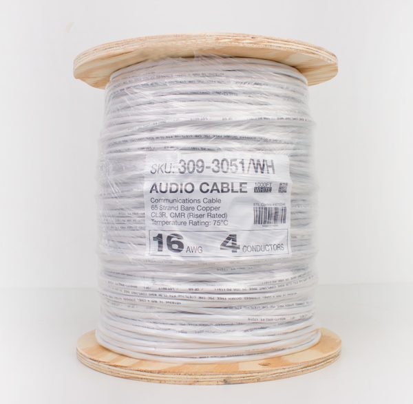 Audio Cable, 16AWG, 4 Conductor, Stranded (65 Strand), PVC Jacket, 1000ft, Spool, White