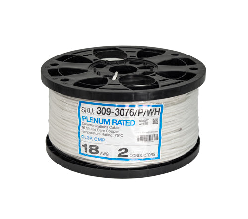 PLENUM RATED Audio Cable, 18AWG, 2 Conductor, Stranded (7 Strand), Plenum Rated PVC Jacket, 1000ft, Plastic Spool, White