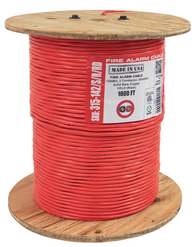 Fire Alarm Cable, 14/2, Solid, Shielded, FPLR (Riser), 1000ft Spool, Red