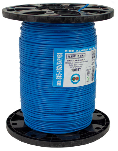 Fire Alarm Cable, 16/2, Solid, Shielded, FPLP (Plenum), 1000ft Spool, Blue