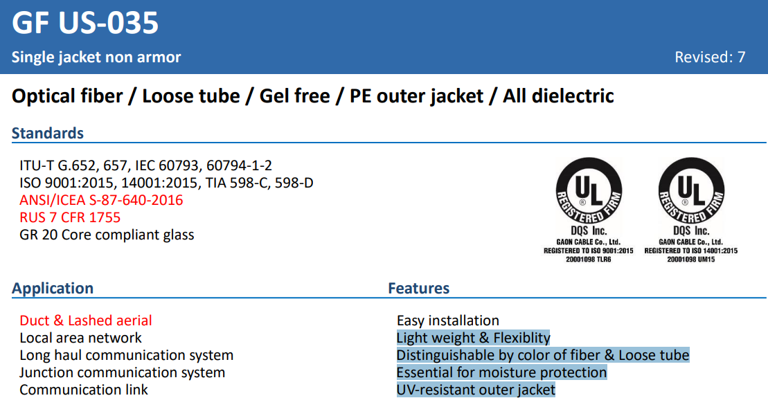 12-432 Strand Singlemode G.652D LS Glass, Single Jacket | Non-Armored, Duct & Lashed Aerial