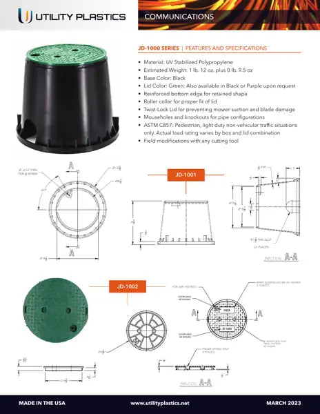 Specification sheet for 10" Round Plastic Pedestrian Non-Traffic Rated Handhole Vault, No Bolt