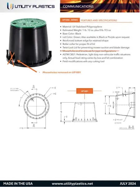 Specification sheet for 10" Round Plastic Pedestrian Non-Traffic Rated Handhole Vault, With Bolt,
