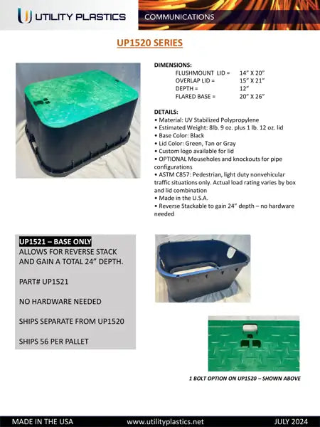 Specification sheet for 14X20X12 (lid dimensions) Plastic Pedestrian Non-Traffic Rated Handhole Vault