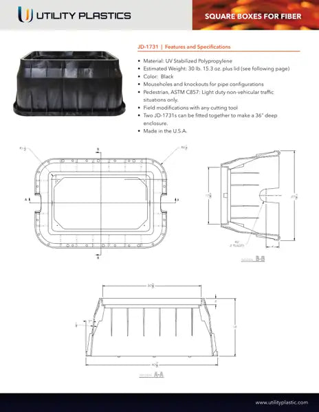 Specification sheet for 17x30x18 Plastic Pedestrian Non-Traffic Rated Handhole Vault - Blank