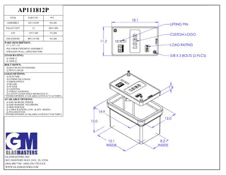 Specification sheet for 11x18x12 Polymer Concrete Tier 22 Handhole Vault