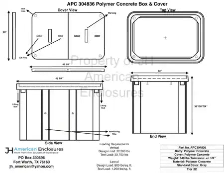 Specification sheet for 30x48x24 Polymer Concrete Tier 22 Handhole Vault