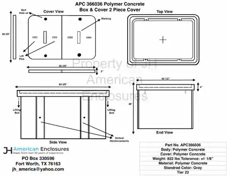 Specification sheet for 36x60x36 Polymer Concrete Tier 22 Handhole Vault