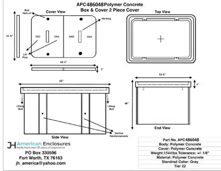Specification sheet for 48x60x48 Polymer Concrete Tier 22 Handhole Vault