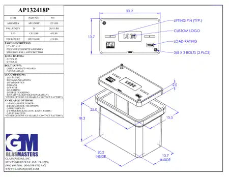 Specification sheet for 13x24x18 Polymer Concrete Tier 22 Handhole Vault