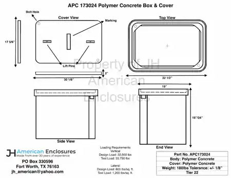 Specification sheet for 17x30x24 Polymer Concrete Tier 22 Handhole Vault