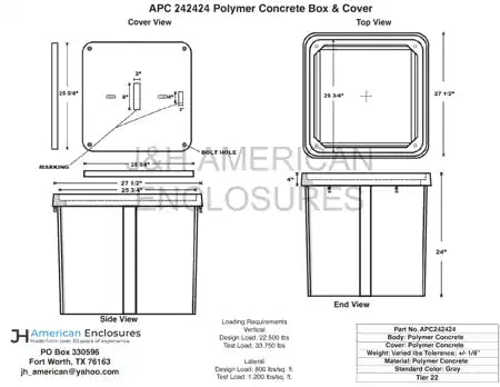 Specification sheet for 24x24x24 Polymer Concrete Tier 22 Handhole Vault