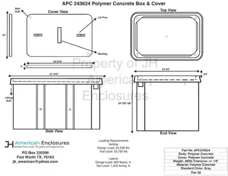Specification sheet for 24x36x24 Polymer Concrete Tier 22 Handhole Vault